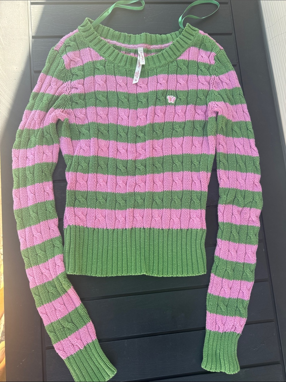 Aero Striped Cable-Knit Scoop Neck Sweater - Pink & Green - Picture 3 of 8